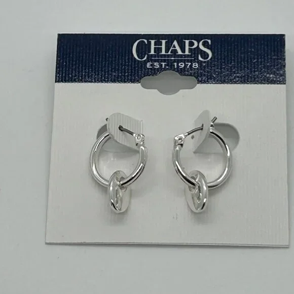 Chaps Silver-Tone Double Hoop Earrings With Dangling Oval Accents For Women - Picture 2 of 14